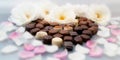 Romantic chocolate truffles and white roses heart shape setup horizontal