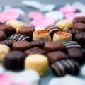 Romantic chocolate truffles and white roses heart shape setup square composition