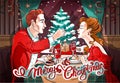 Romantic Christmas Dinner in a restaurant with beautiful couple in love