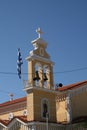 Romantic church in summer on a greek island, tower with bells in detail Royalty Free Stock Photo