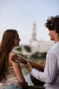 Romantic city date couple guitar music concept