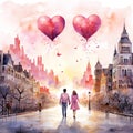 Romantic cityscape with a couple holding hands in watercolor style. Generative Ai