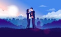 Romantic cityscape - Couple shows romance on hilltop with view to city