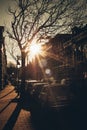 Romantic cityscape of Hague street and buildings. Sunset or sunrise