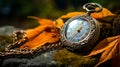 Romantic Clockpunk Pocket Watch On Fallen Leaves