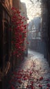 A Romantic Cobblestone Street Lined With Red Heart-Shaped Flowers Royalty Free Stock Photo