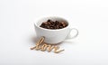 Romantic coffee break. Mug coffee beans on white background. Enjoy coffee drink. Date in cafe concept. Beverage consist