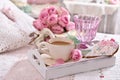 Romantic coffee served to bed with bunch of roses Royalty Free Stock Photo