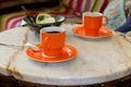 Romantic coffee table, two cups of coffee on a marble table.