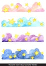 Romantic color cloud sky with star watercolor border.