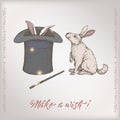 Romantic color vintage birthday card template with calligraphy, bunny, magic hat and wand sketch.