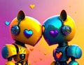 Romantic colorful robot couple holding red heart for Valentine\'s Day (Generative AI