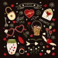 Romantic colorful stickers of hearts and flowers. Symbols of love and happiness.