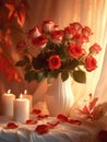 Burning candles and bouquet of red roses in a vase on a table. Royalty Free Stock Photo