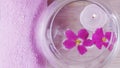 Romantic composition with a candle and violet flowers floating in a bowl of water. Royalty Free Stock Photo