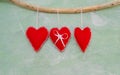 Romantic composition of red felt hearts on green background Royalty Free Stock Photo