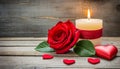 Romantic composition with a red hearts, red rose and a candle on a wooden table