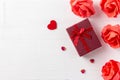 Romantic composition with red present box and hearts for st Valentine day Royalty Free Stock Photo