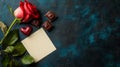 Romantic composition with red rose, chocolates, heart, and blank card on dark background Royalty Free Stock Photo