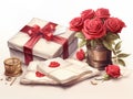 Romantic composition for Valentine\'s Day gift bouquet of roses letters. The 14th of February