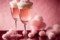 Romantic composition with Valentines day beverage, glasses with tasty cotton candy champagne on pink background,Generative AI