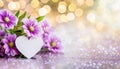 Romantic composition with white heart and purple flowers