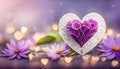 Romantic composition with white heart and purple flowers