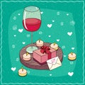 Glass of red wine and gift box and envelope