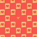 Romantic concept. Pattern made of many slices of toasted bread with a one heart shaped toast . Flat lay arrangement with lovely Royalty Free Stock Photo