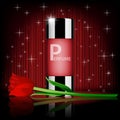 Romantic cosmetic set, rose perfume contained with red rose, on red shiny background. Realistic perfume bottle