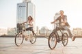 Romantic couple with bicycles in the city Royalty Free Stock Photo