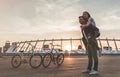 Romantic couple with bicycles in the city Royalty Free Stock Photo