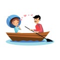 Romantic couple on boat rowing. Woman holding umbrella, man holding wooden paddle. Flat vector design