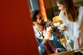 Romantic couple in cafe is drinking coffee and enjoying being together Royalty Free Stock Photo