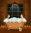 Romantic couple celebrating, taking bath in a vintage bathtub with bubbles