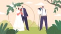 Romantic Couple Characters At Wedding Photo Shoot Capturing Love, Joy, And Moments Of Pure Bliss, Vector Illustration