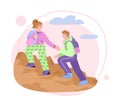 Romantic couple climbing up cliff or mountain flat vector illustration isolated.