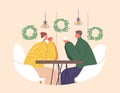 Romantic Couple In A Cozy Christmas Cafe. Characters Share Warmth Amid Twinkling Lights, Sipping Cocoa