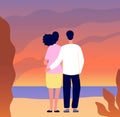 Romantic couple date. Hugging on sunset, tourists in love look on mountain sea landscape. Flat lovers together, seascape