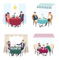 Romantic couple dinner in cafe, restaurant. set of men and woman date. Collection flat illustration.