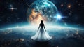 Young Woman In White Dress On Earth A Watching The Surface Of The Moon,planet Nebula