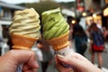 Romantic couple eat ice cream on holiday street Royalty Free Stock Photo