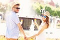 Romantic couple eating ice-cream in the park Royalty Free Stock Photo