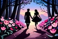 A couple romancing in a fairy tale, silhouette of a romancing couple