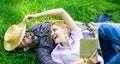 Romantic couple family enjoy leisure with poetry or literature grass background. Couple soulmates at romantic date. Man Royalty Free Stock Photo