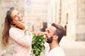 Romantic couple getting engaged in the city Royalty Free Stock Photo