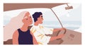 Romantic couple of happy people inside car. Friends enjoying road trip on summer holiday. Side view of woman and man driving auto Royalty Free Stock Photo