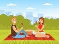 Romantic Couple Having Picnic Sitting on Blanket with Glass of Wine and Hamper Vector Illustration Royalty Free Stock Photo