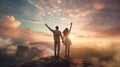 Romantic couple holding hands while standing on the top of the mountain and sunset background Royalty Free Stock Photo