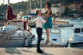 Romantic couple hugging on the beach.Having a fun romantic date.Celebrating anniversary.Valentines day